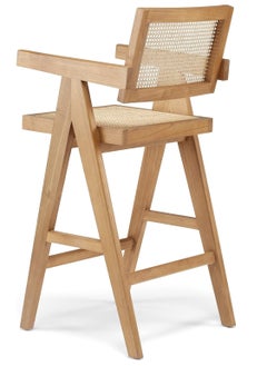 Neo Front Neo Front Mid-Century Modern Barstool with Arms & Back – Teak Wood, Woven Cane, Cushioned Seat – Barstool for Kitchen, Home Bar, Restaurant, Cafe, Lounge, and Commercial Use B512-75  - Image 4