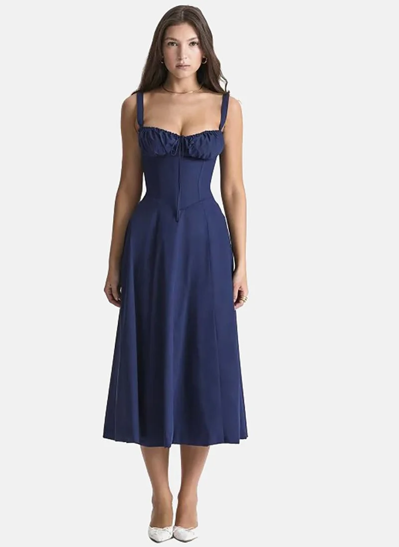 YUNIQEE Navy Blue Shoulder Straps Fit & Flare Midi Dress