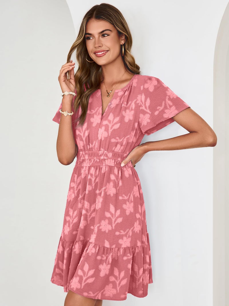 Simplee Womens Summer Floral Dress - Casual Short Sleeve V Neck Empire Waist Boho Flowy A Line Mini Wedding Guest Dresses,Rust Pink L - Image 3