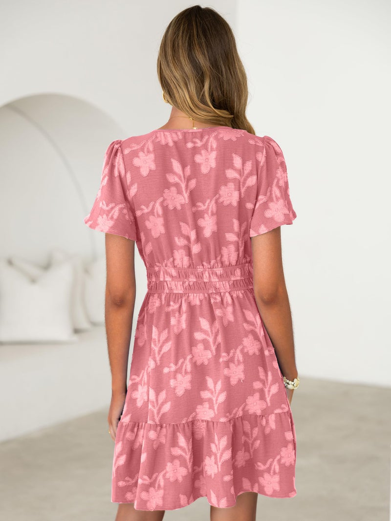Simplee Womens Summer Floral Dress - Casual Short Sleeve V Neck Empire Waist Boho Flowy A Line Mini Wedding Guest Dresses,Rust Pink L - Image 5
