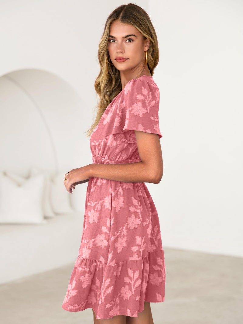 Simplee Womens Summer Floral Dress - Casual Short Sleeve V Neck Empire Waist Boho Flowy A Line Mini Wedding Guest Dresses,Rust Pink L - Image 4