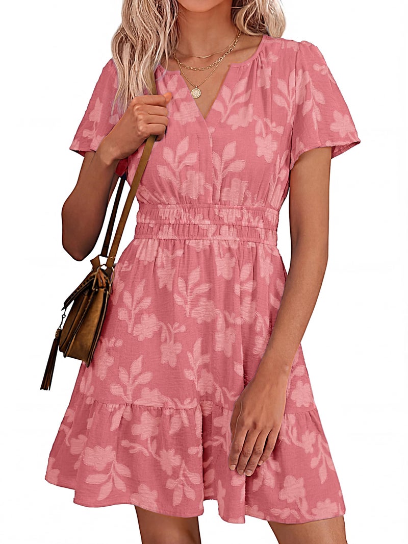 Simplee Womens Summer Floral Dress - Casual Short Sleeve V Neck Empire Waist Boho Flowy A Line Mini Wedding Guest Dresses,Rust Pink L - Image 1