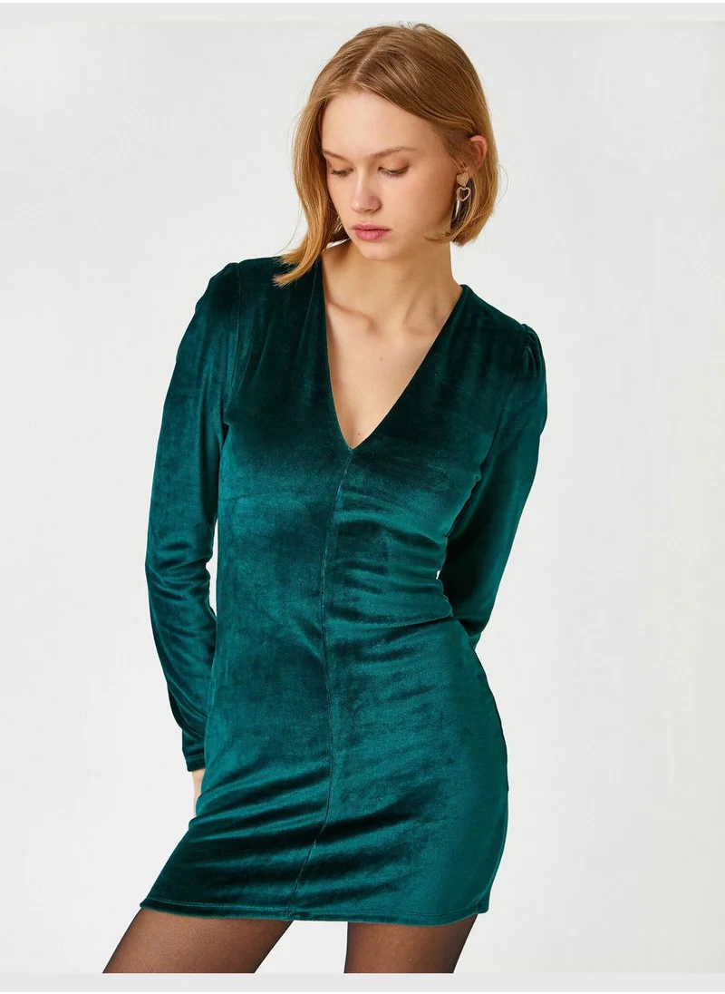 KOTON V Neck Velvet Mini Dress