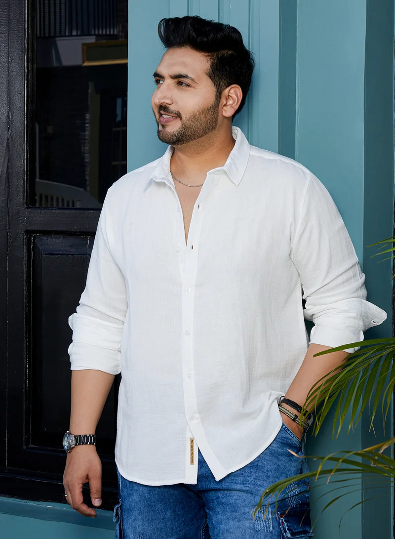Instafab Plus Instafab Plus Men's Daisy White Breezy-Weave Shirt For Casual Wear | Spread Collar | Long Cuffed Sleeves | Button Closure | Plus Size Shirt Crafted With Comfort Fit For Everyday Wear