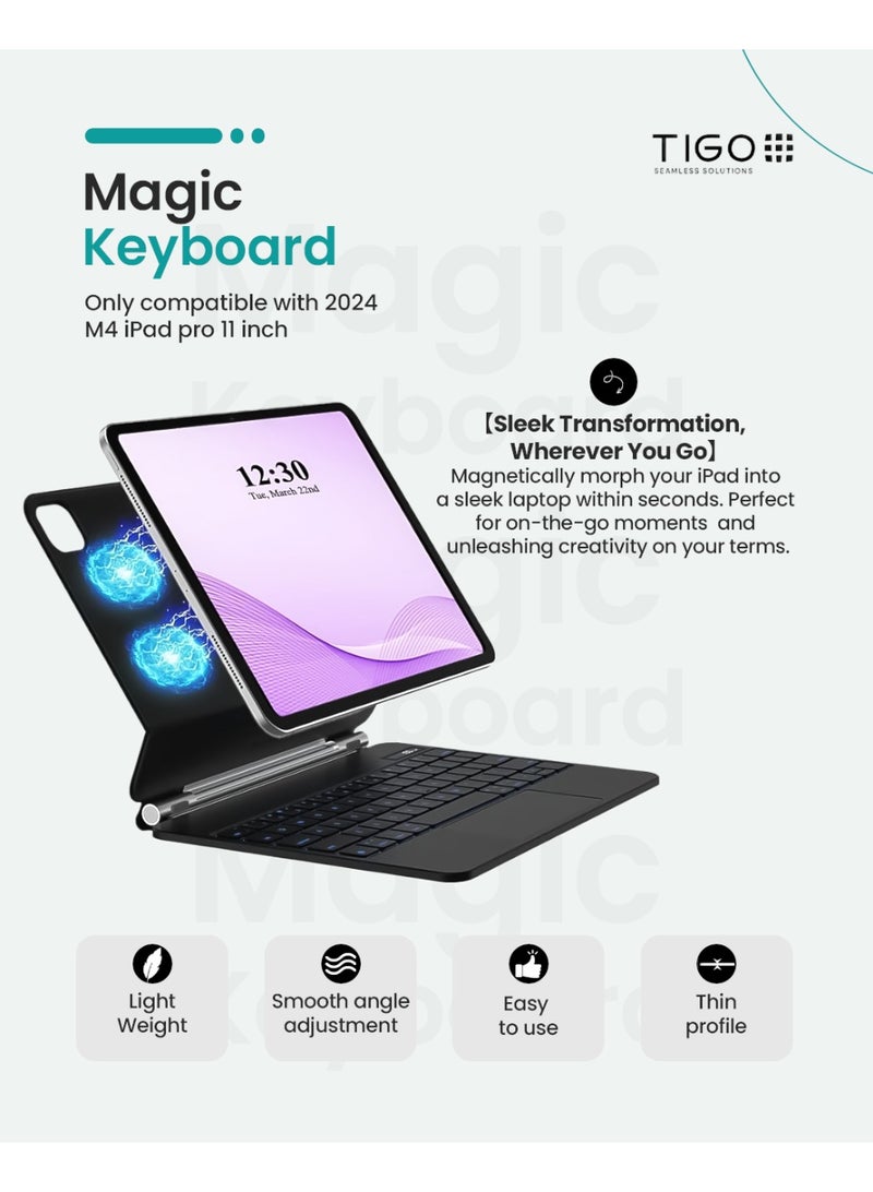T I G O Magic Arabic and English Keyboard for iPad Pro 11 Inch (M4) 2024, Keyboard Case for iPad Pro 11 M4, Wireless Keyboard with Magic Stand, Multi-Touch Trackpad, Backlit Keys Black  - Image 1