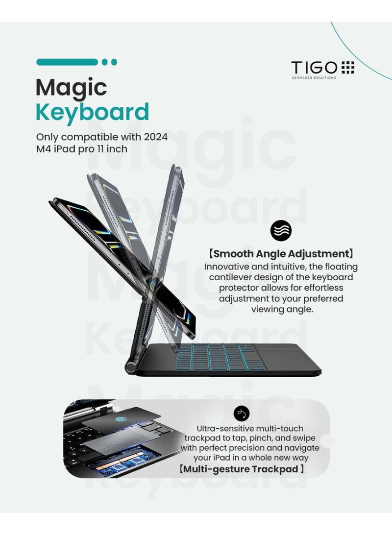 T I G O Magic Arabic and English Keyboard for iPad Pro 11 Inch (M4) 2024, Keyboard Case for iPad Pro 11 M4, Wireless Keyboard with Magic Stand, Multi-Touch Trackpad, Backlit Keys Black  - Image 2