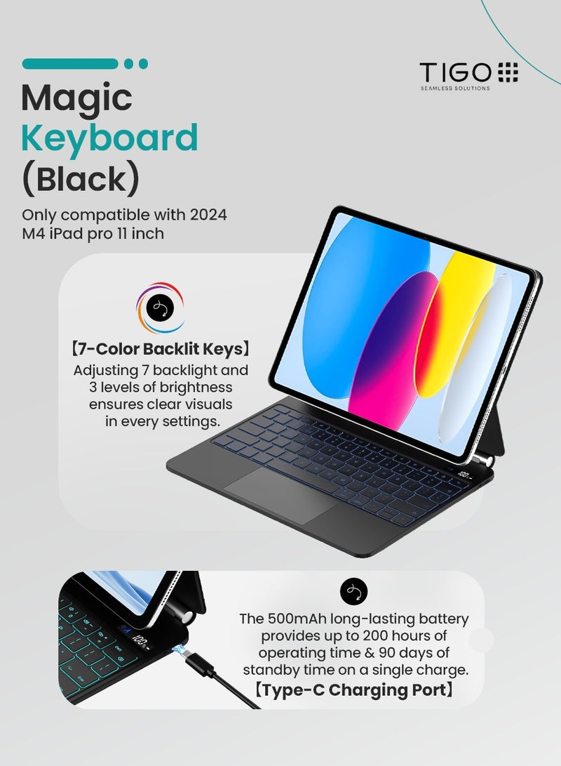 T I G O Magic Arabic and English Keyboard for iPad Pro 11 Inch (M4) 2024, Keyboard Case for iPad Pro 11 M4, Wireless Keyboard with Magic Stand, Multi-Touch Trackpad, Backlit Keys Black  - Image 3