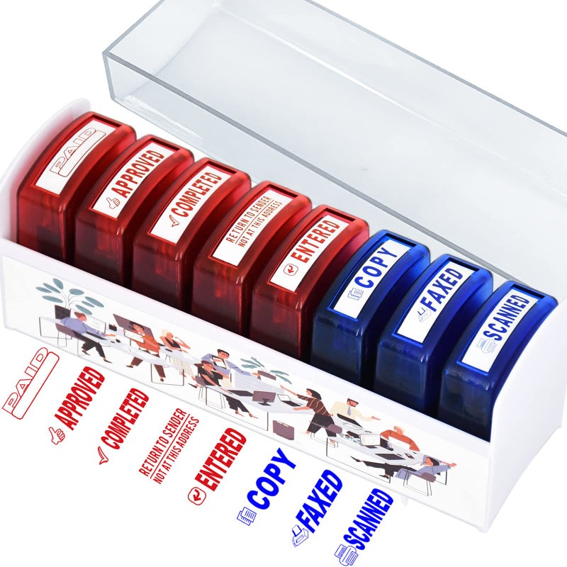 Bertiveny 8 PCS SelfInking Rubber Stamp Set for Office Stamps Business Stamp Message Account Stamp Paper Work Text Ink Stampers Approved Paid Completed Copy Faxed Scanned Stamps with Plastic Tray