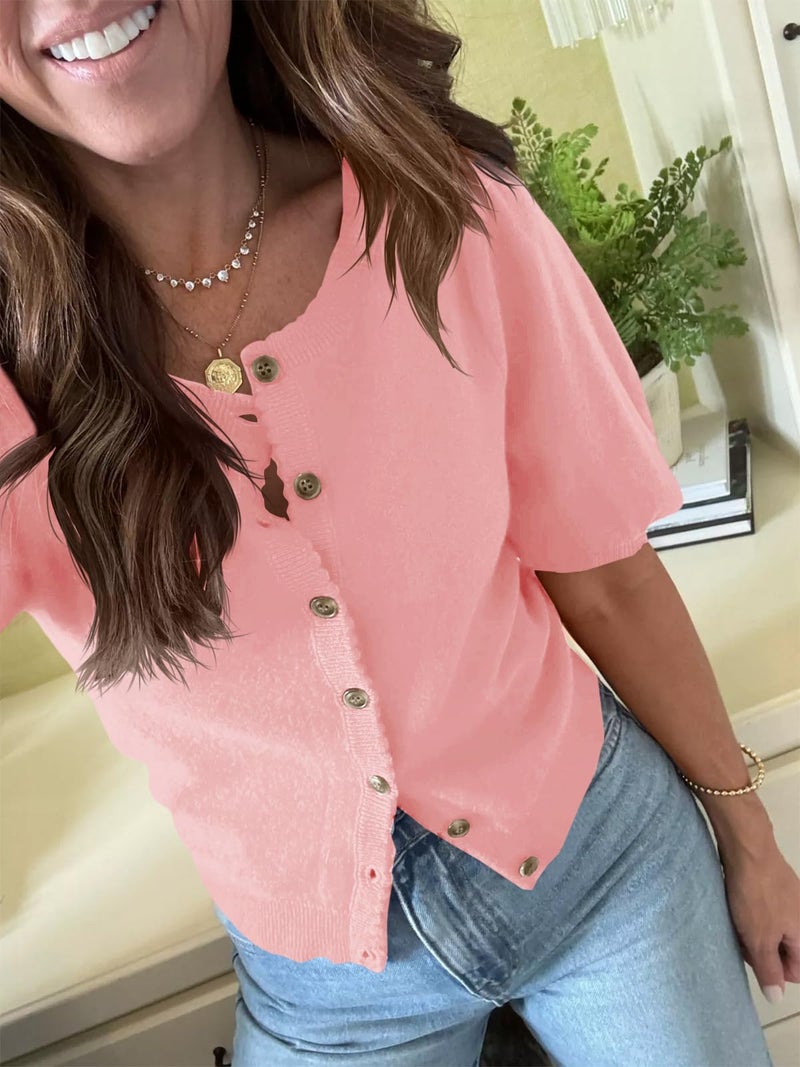 Saodimallsu Womens Puff Short Sleeve Cardigan Lightweight Summer Button Down Shirts Knit Crew Neck Sweater Tops Pink - Image 3