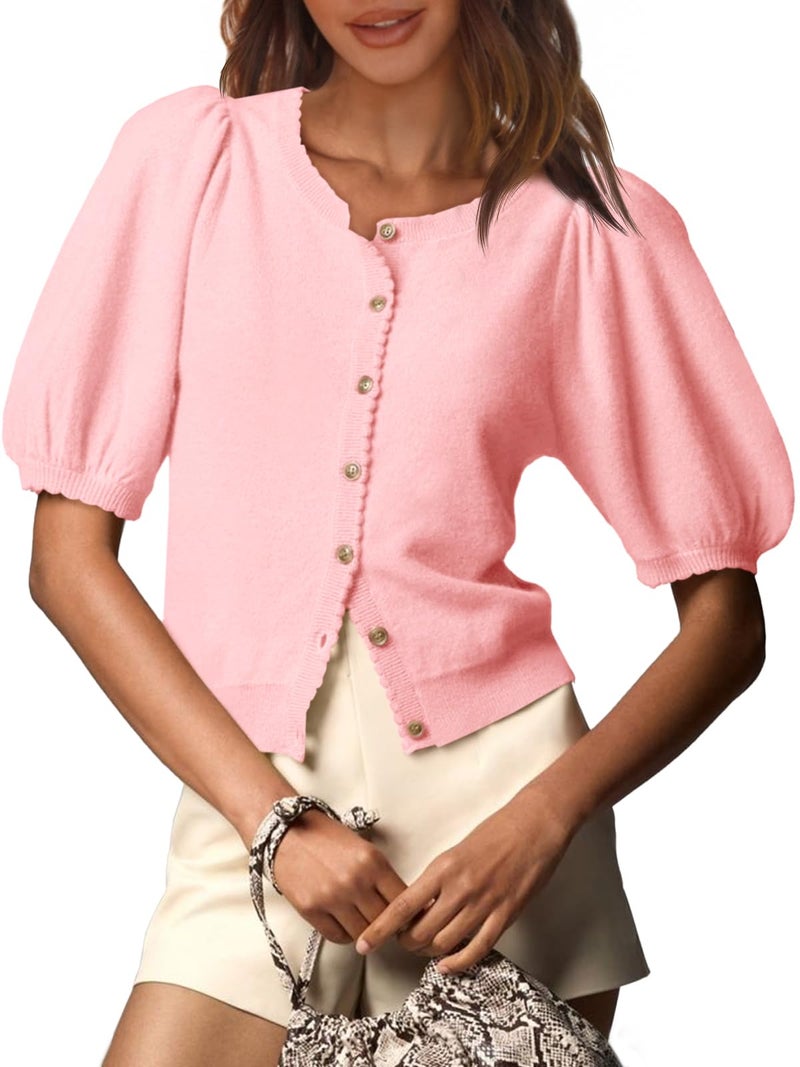 Saodimallsu Womens Puff Short Sleeve Cardigan Lightweight Summer Button Down Shirts Knit Crew Neck Sweater Tops Pink - Image 1