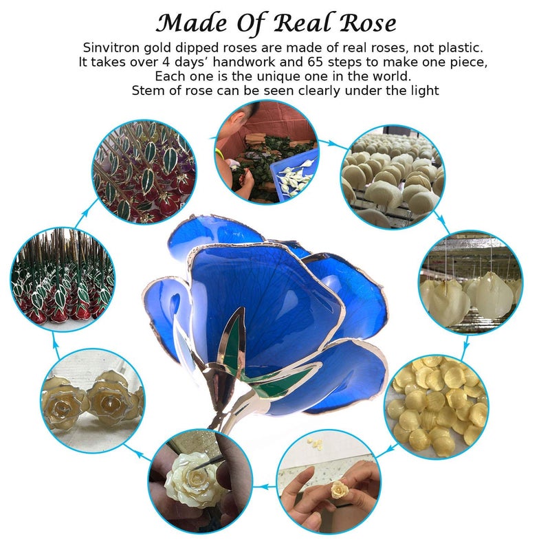 Sinvitron Gold Dipped Rose 24K Real Rose  Long Stem Gold Plated Rose with Stand  for mom  24K Golden Rose for Anniversary Valentines Day Birthday (Deep Blue) - Image 3