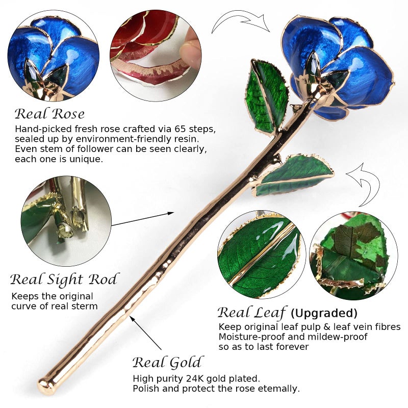 Sinvitron Gold Dipped Rose 24K Real Rose  Long Stem Gold Plated Rose with Stand  for mom  24K Golden Rose for Anniversary Valentines Day Birthday (Deep Blue) - Image 2