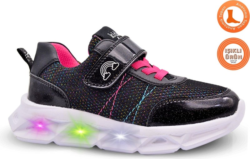 Kids A More Valeria Glittery Air Mesh and Vegan Leather Lighted Sole Girls Sneakers Black  - Image 1