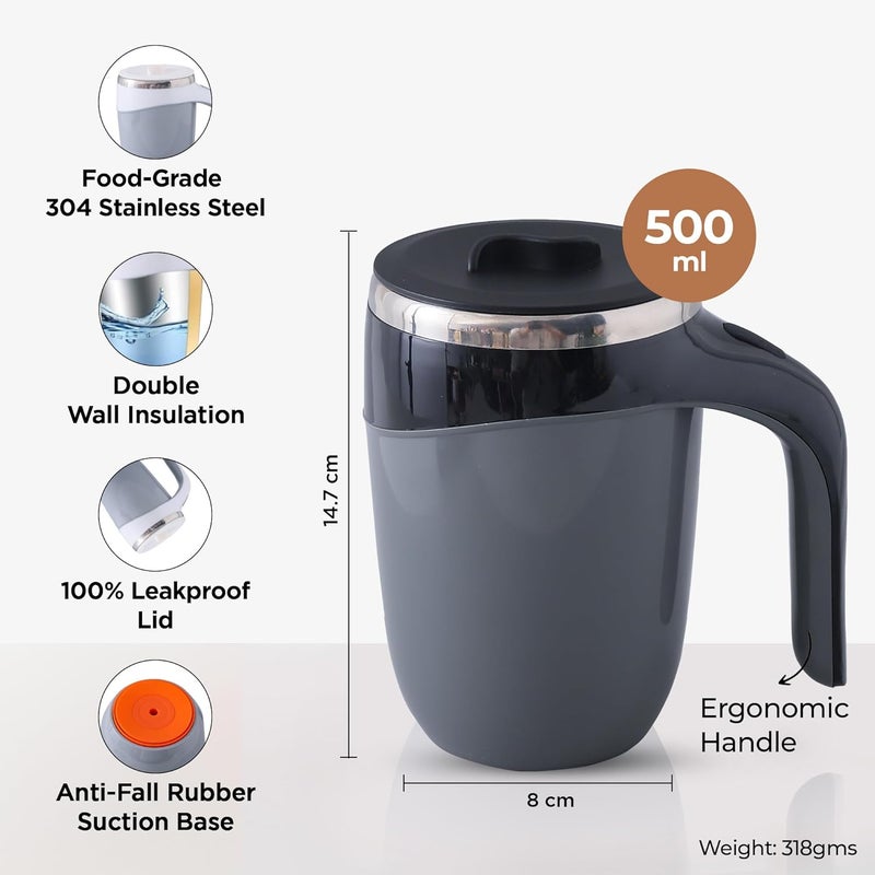 UMAI Anti Fall Tumbler Stainless Steel with Lid & Handle (500ml) | Doubled Walled Insulated Coffee Mug| Leakproof Lid| BPA Free |Insulated Coffee Tumbler for Home, Office | Black-Grey - Image 3