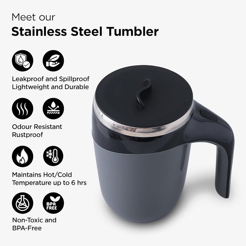 UMAI Anti Fall Tumbler Stainless Steel with Lid & Handle (500ml) | Doubled Walled Insulated Coffee Mug| Leakproof Lid| BPA Free |Insulated Coffee Tumbler for Home, Office | Black-Grey - Image 2