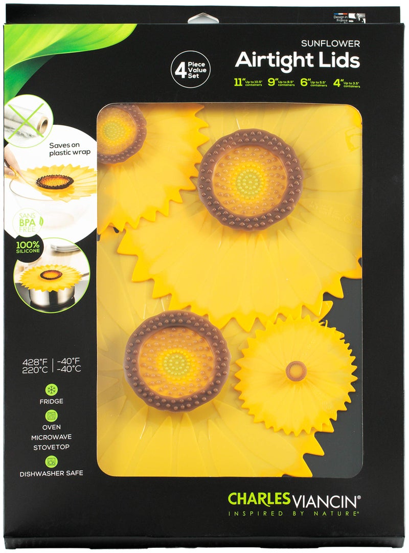 Charles Viancin - Sunflower Lid Gift-Box - Set of 4 Silicone Lids for Food Storage and Cooking - 11''/28cm + 9''/23cm + 6''/15cm + 4''/10cm - Airtight Seal on Any Smooth Rim Surface - Image 1