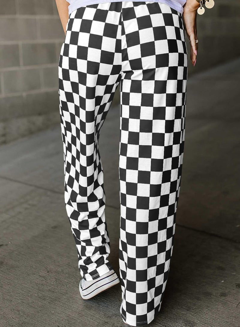 Acelitt Women's Casual Checkered Pants 2026 Spring Summer Lightweight Elastic Waist Comfy Loose Wide Leg Plaid Beach Pants Trousers Vacation Outfits Black XX-Large - Image 2