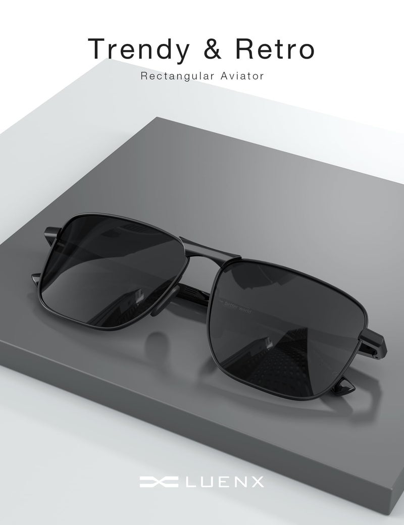 LUENX Men Rectangular Polarized Sunglasses Square Retro Shades - Black Lens Black Frame 59mm - Image 3