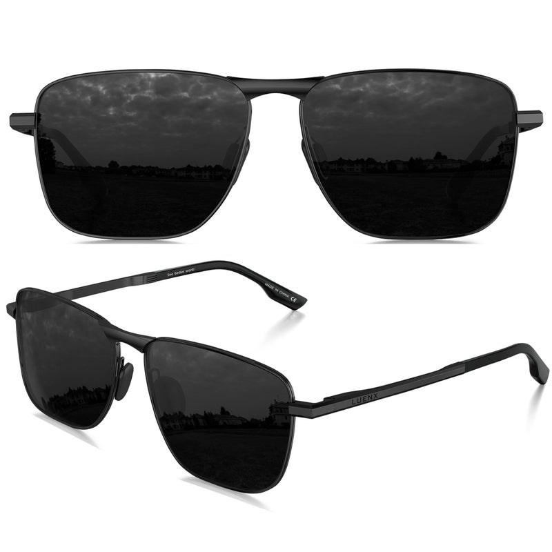 LUENX Men Rectangular Polarized Sunglasses Square Retro Shades - Black Lens Black Frame 59mm - Image 2