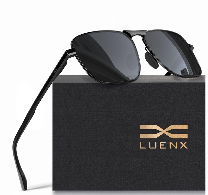 LUENX Men Rectangular Polarized Sunglasses Square Retro Shades - Black Lens Black Frame 59mm - Image 1