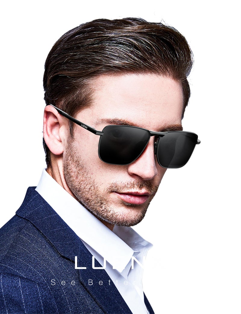 LUENX Men Rectangular Polarized Sunglasses Square Retro Shades - Black Lens Black Frame 59mm - Image 5