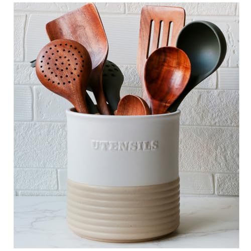 WILDMOS Ceramic Utensil Holder,Farmhouse Kitchen Utensil Holder for Countertop,Large Kitchen Utensil Organizer,Cooking Utensil Crock. - Image 4