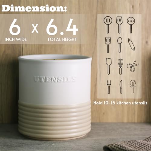 WILDMOS Ceramic Utensil Holder,Farmhouse Kitchen Utensil Holder for Countertop,Large Kitchen Utensil Organizer,Cooking Utensil Crock. - Image 3