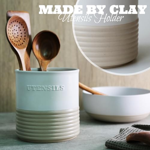 WILDMOS Ceramic Utensil Holder,Farmhouse Kitchen Utensil Holder for Countertop,Large Kitchen Utensil Organizer,Cooking Utensil Crock. - Image 2