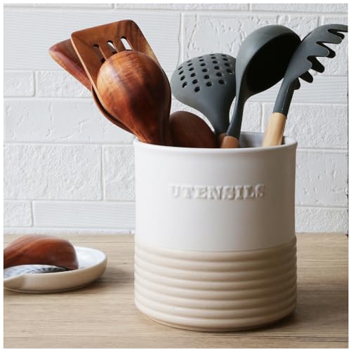 WILDMOS Ceramic Utensil Holder,Farmhouse Kitchen Utensil Holder for Countertop,Large Kitchen Utensil Organizer,Cooking Utensil Crock. - Image 1