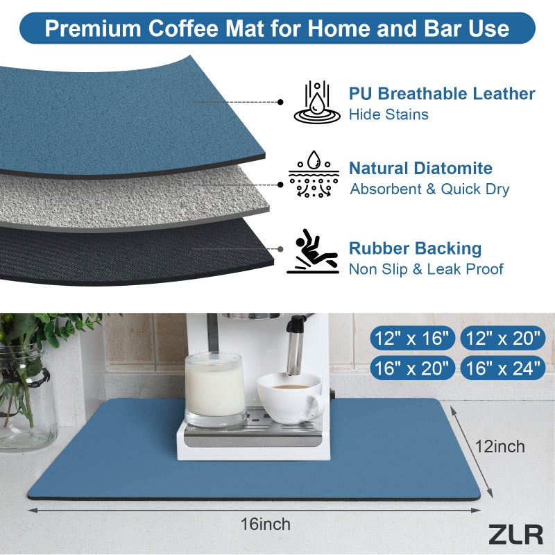 ZLR Coffee Bar Mat for Countertops (12" x 16", Small) â€“ Absorbent, Stain-Hiding Dish Drying Mat for Espresso Machines & Coffee Makers â€“ Quick Dry Diatomite Core & Non-Slip Rubber Backing (Navy Blue) - Image 3