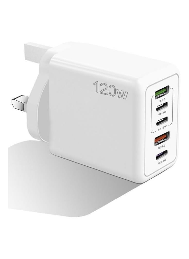 FIRST PRO 120W PD QC 3.0 Type C Fast Charger Adapter, 5-Port USB A & USB C Fast Charging Adapter Compatible with Samsung Galaxy S23/S22, Iphone 15/14/13 Pro Max, OnePlus, MacBook, Ipad, Laptop Charger (White)  - Image 1