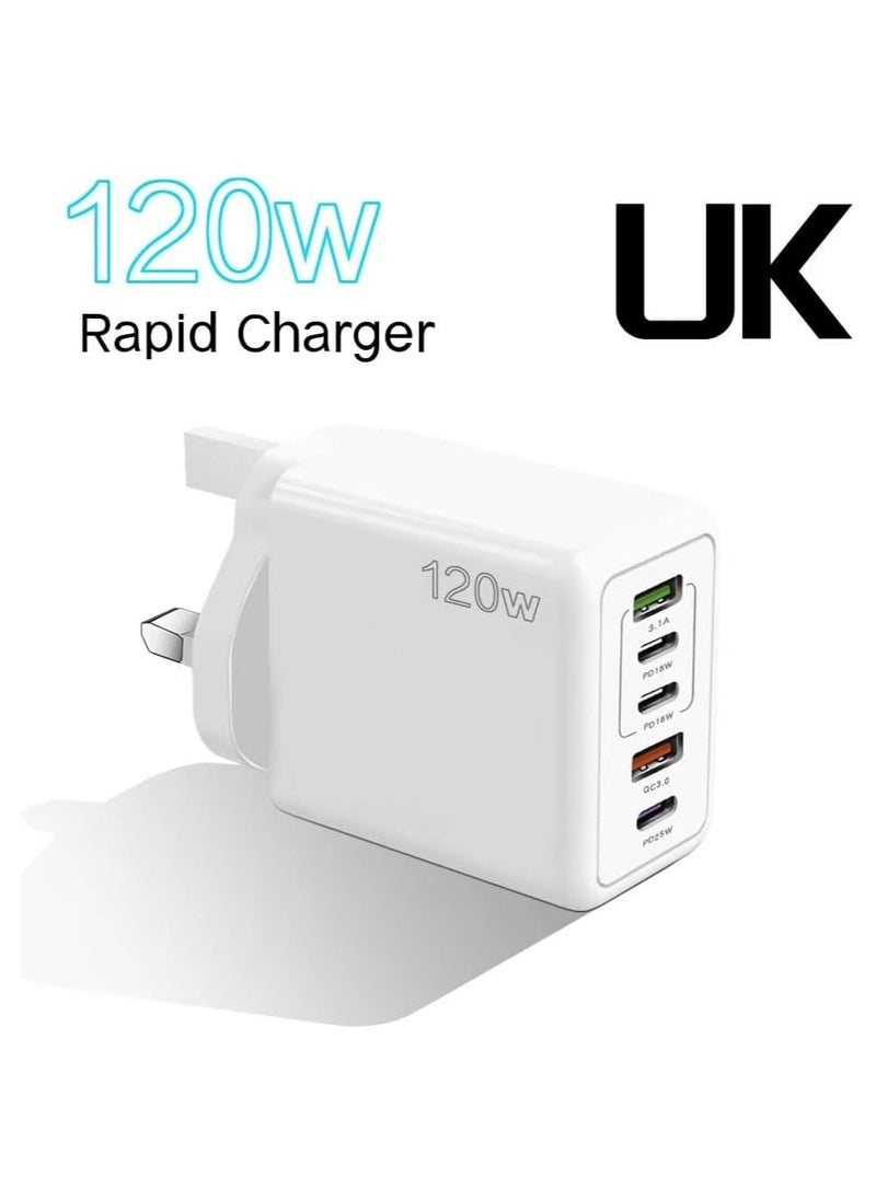 FIRST PRO 120W PD QC 3.0 Type C Fast Charger Adapter, 5-Port USB A & USB C Fast Charging Adapter Compatible with Samsung Galaxy S23/S22, Iphone 15/14/13 Pro Max, OnePlus, MacBook, Ipad, Laptop Charger (White)  - Image 2