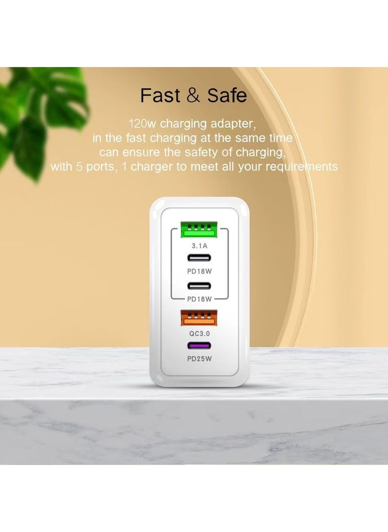FIRST PRO 120W PD QC 3.0 Type C Fast Charger Adapter, 5-Port USB A & USB C Fast Charging Adapter Compatible with Samsung Galaxy S23/S22, Iphone 15/14/13 Pro Max, OnePlus, MacBook, Ipad, Laptop Charger (White)  - Image 3