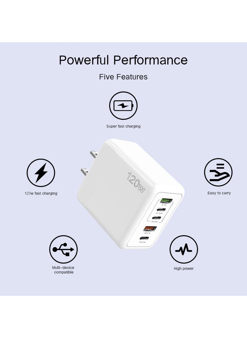 FIRST PRO 120W PD QC 3.0 Type C Fast Charger Adapter, 5-Port USB A & USB C Fast Charging Adapter Compatible with Samsung Galaxy S23/S22, Iphone 15/14/13 Pro Max, OnePlus, MacBook, Ipad, Laptop Charger (White)  - Image 4