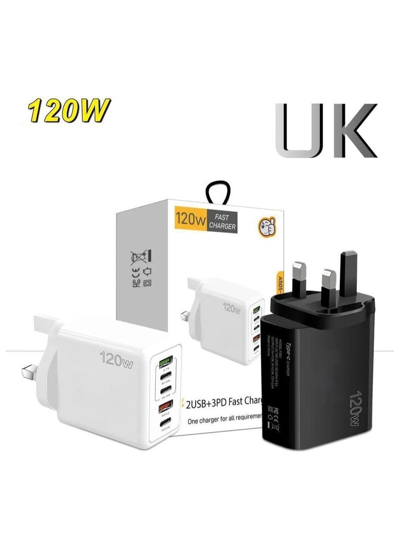 FIRST PRO - 120W PD QC 3.0 Type C Fast Charger Adapter, 5-Port USB A & USB C Fast Charging Adapter Compatible with Samsung Galaxy S23/S22, Iphone 15/14/13 Pro Max, OnePlus, MacBook, Ipad, Laptop Charger (White) - Image 1
