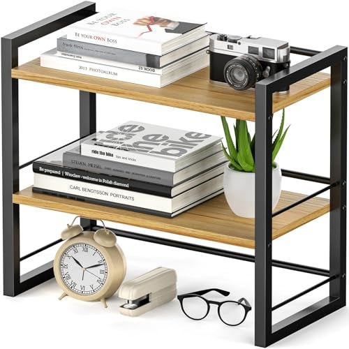 ARTGIFTREE Office Desk Shelf Organizer Wood Desktop Bookshelf Supplies Storage Rack Shelf for Top of Desk and Dresser Black2 Tier