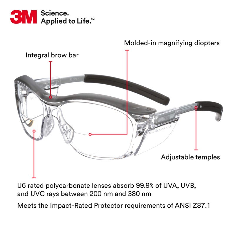 3M Safety Glasses with Readers, Nuvo Protective Eyewear, +2.5 Diopter, ANSI Z87, Gray Frame, Clear Lens, Soft Nose Bridge, Side Shields - Image 2