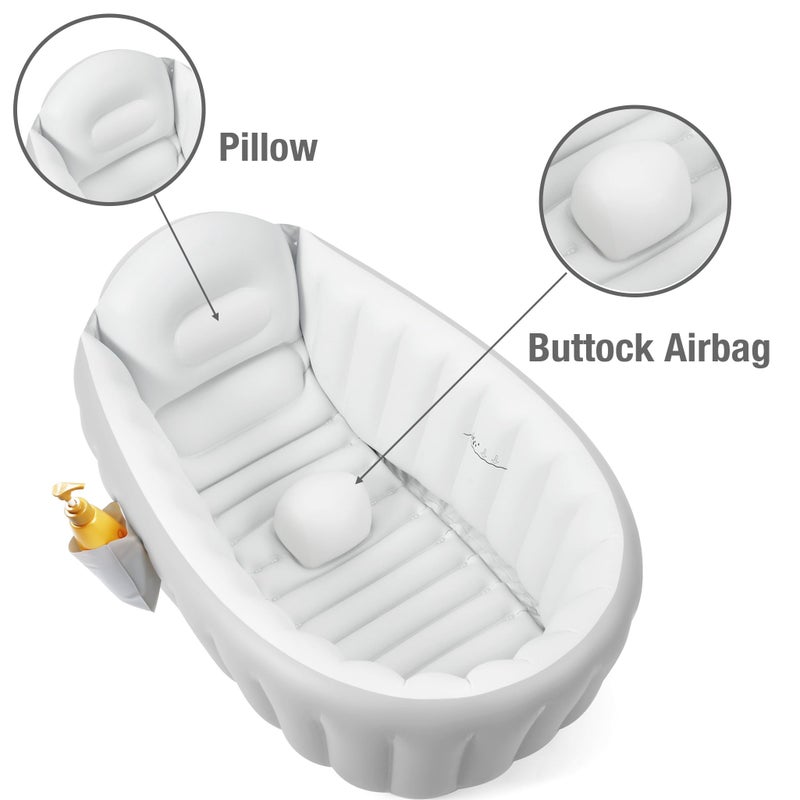 PandaEar Inflatable Baby Bathtub with Air Pump, Non-Slip Soft Cushion Bathing Tub for Toddlers & Infants (0-36 Months), Collapsible Travel-Friendly Blow Up Pool with Side Pocket & Backrest (Gray) - Image 4