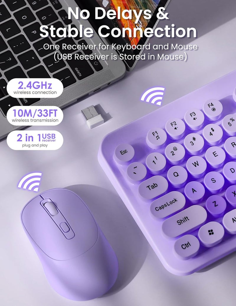Nsyee Wireless Keyboard and Mouse Combo, 104 Round Keys Retro Full Size Keyboard and Mouse Set with 2.4GHz USB Receiver for PC/Laptop/Tablet/Computer/Windows, US Layout, DarkPurple - Image 3