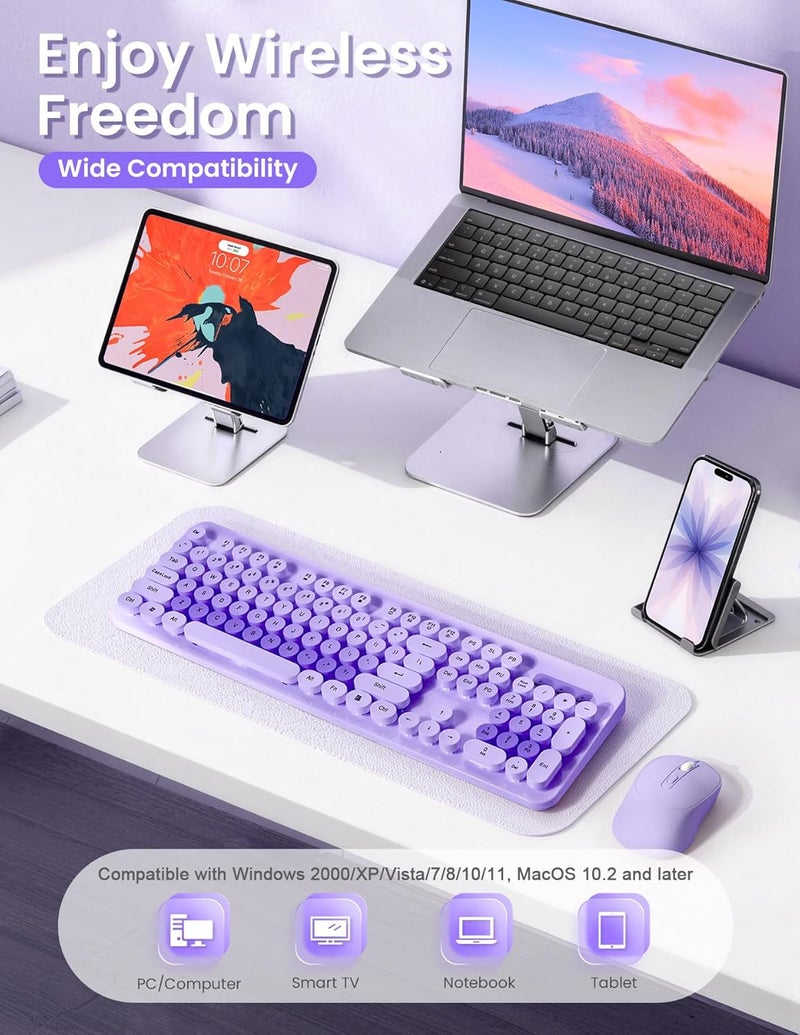 Nsyee Wireless Keyboard and Mouse Combo, 104 Round Keys Retro Full Size Keyboard and Mouse Set with 2.4GHz USB Receiver for PC/Laptop/Tablet/Computer/Windows, US Layout, DarkPurple - Image 2