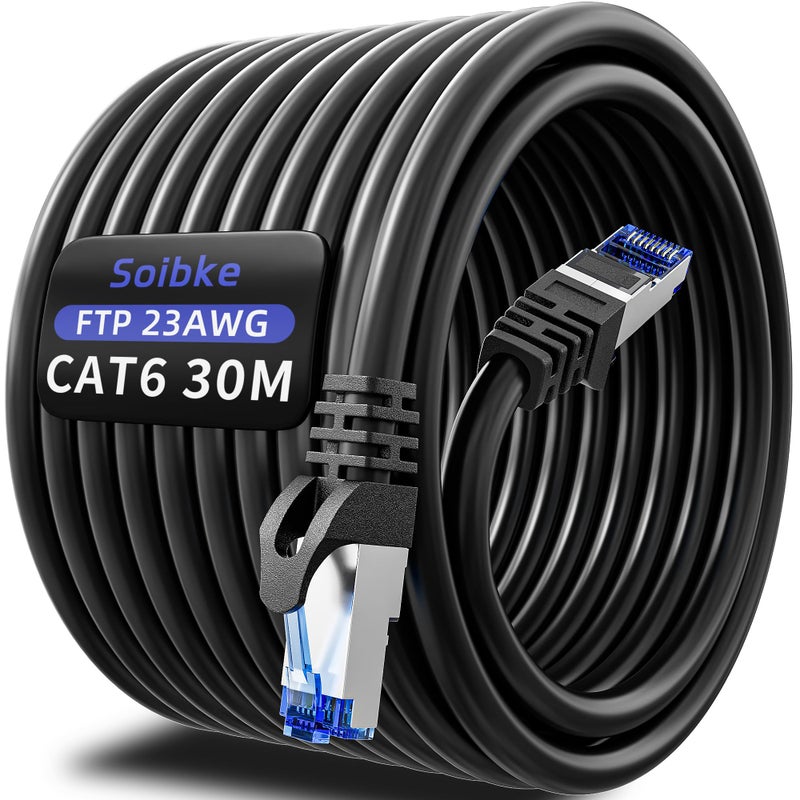 Soibke Lan Cable 30 Meters Cat 6, Network Cable 30m Ethernet Cable High Speed Wifi Cable 1000Mbps Internet Cable Gigabit Patch Cable FTP 23AWG Shielded RJ45 Cable Black Wifi Cable Router Modem - Image 1