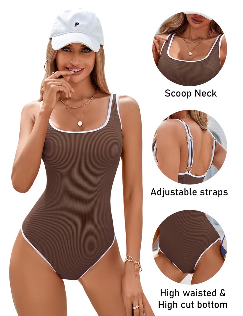 BMJL Women's One Piece Swimsuit Sports Adjustable Strap Bathing Suit Color Block Ribbed High Cut Swimsuits(M,Brown) - Image 4