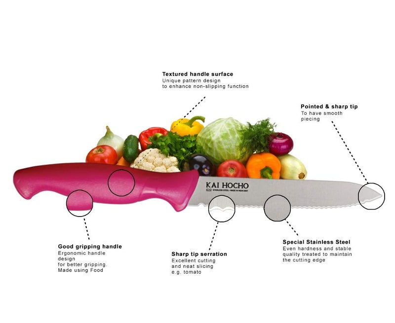 KAI طقم سكاكين مطبخ وخضروات من الفولاذ المقاوم للصدأ بشفرة عادية ومسننة، 2 قطعة (وردي-أزرق) - Image 2