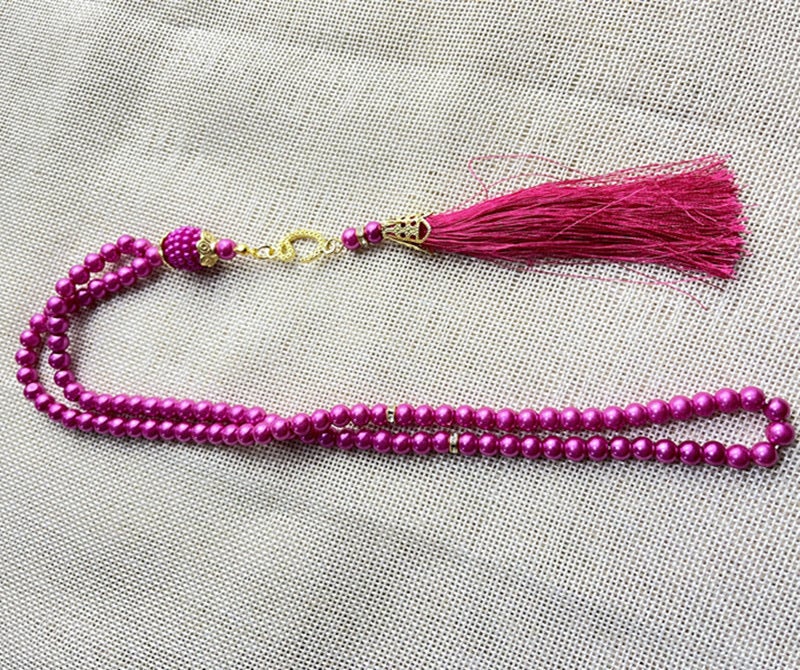 99 Beads Glass Faux Pearl TASBIH Prayer Accessory rose red 