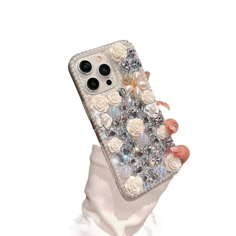MS PC Protective Case for iPhone 16 / 16 Plus / 16 Pro / 16 Pro Max with Rhinestone and Rose Pattern plus Shockproof plus Drop Protection in Rose - Image 5