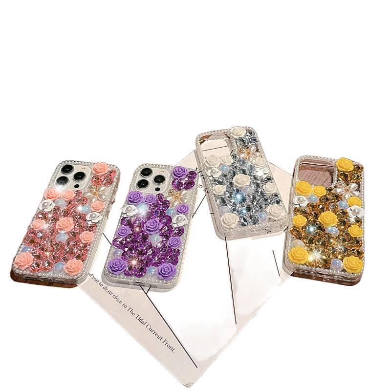 MS PC Protective Case for iPhone 16 / 16 Plus / 16 Pro / 16 Pro Max with Rhinestone and Rose Pattern plus Shockproof plus Drop Protection in Rose - Image 3