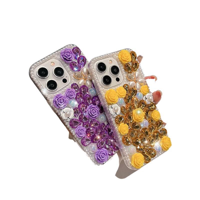 MS PC Protective Case for iPhone 16 / 16 Plus / 16 Pro / 16 Pro Max with Rhinestone and Rose Pattern plus Shockproof plus Drop Protection in Rose - Image 2