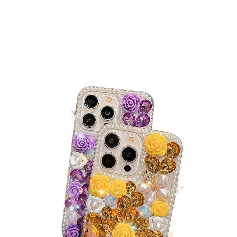 MS PC Protective Case for iPhone 16 / 16 Plus / 16 Pro / 16 Pro Max with Rhinestone and Rose Pattern plus Shockproof plus Drop Protection in Rose - Image 4