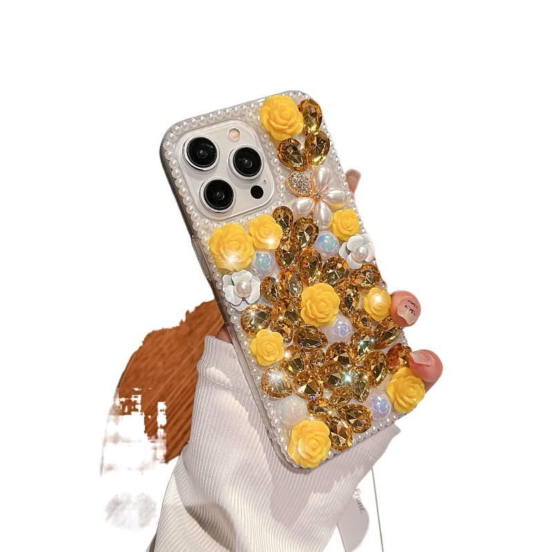 MS PC Protective Case for iPhone 16 / 16 Plus / 16 Pro / 16 Pro Max with Rhinestone and Rose Pattern plus Shockproof plus Drop Protection in Rose - Image 1