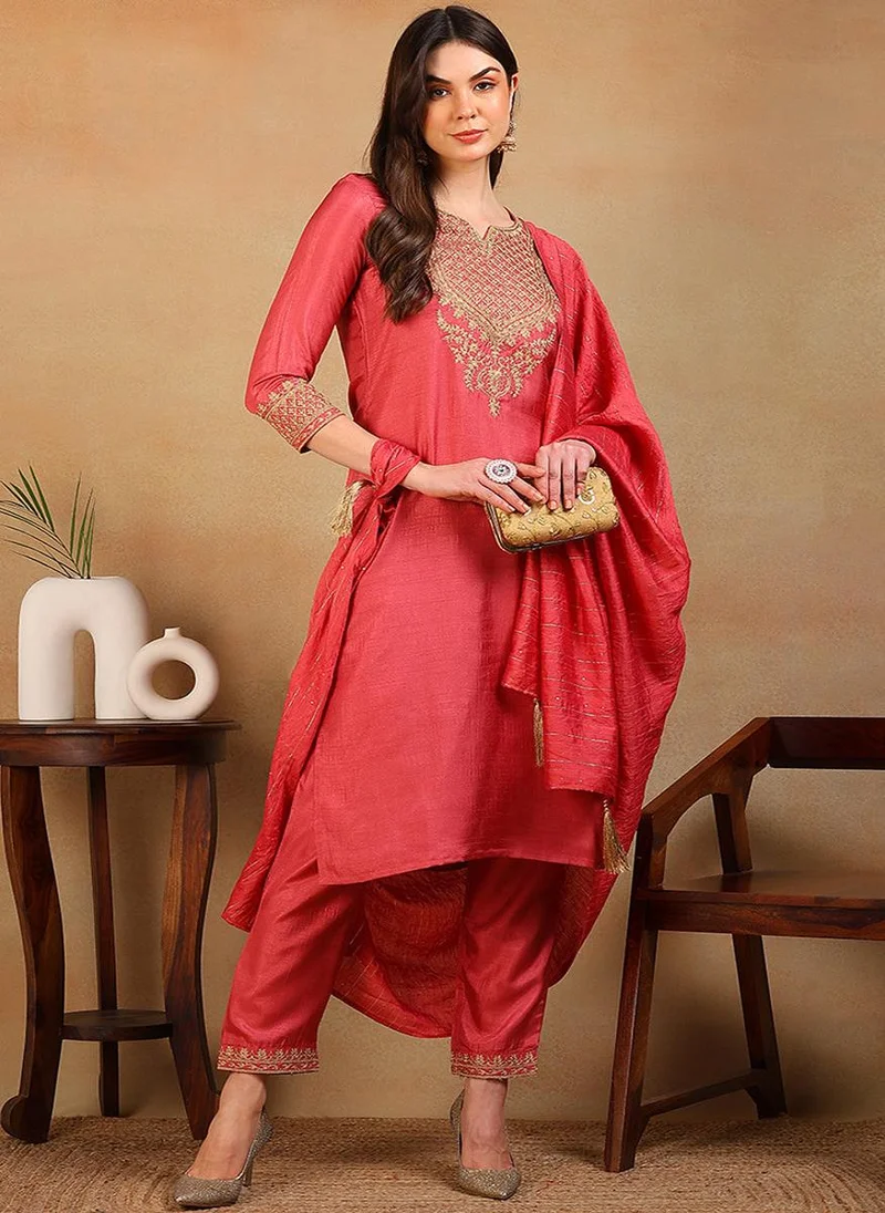 ZERESOUQ Rust Silk Blend Solid Embroidered Straight 3-Piece Kurta Set